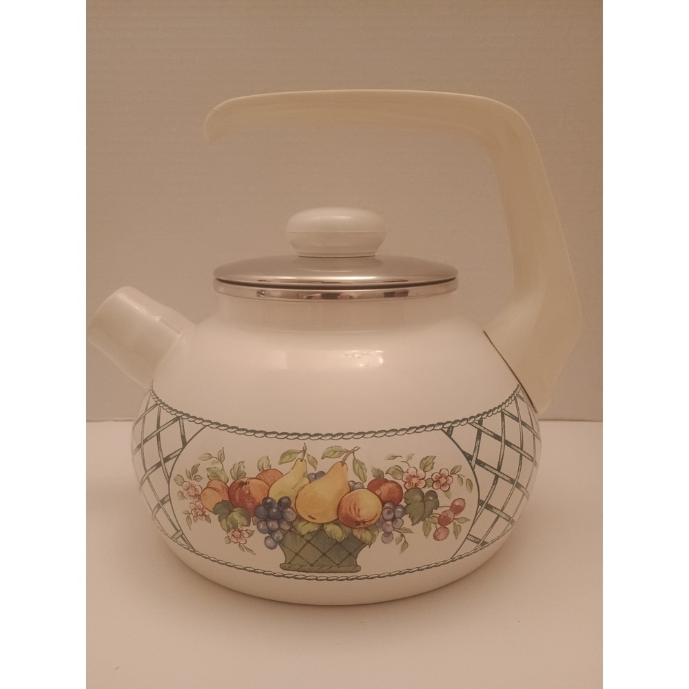 RARE 2L Villeroy & Boch "Basket" 7.5"H Enamel Kettle w White Whistle Tested